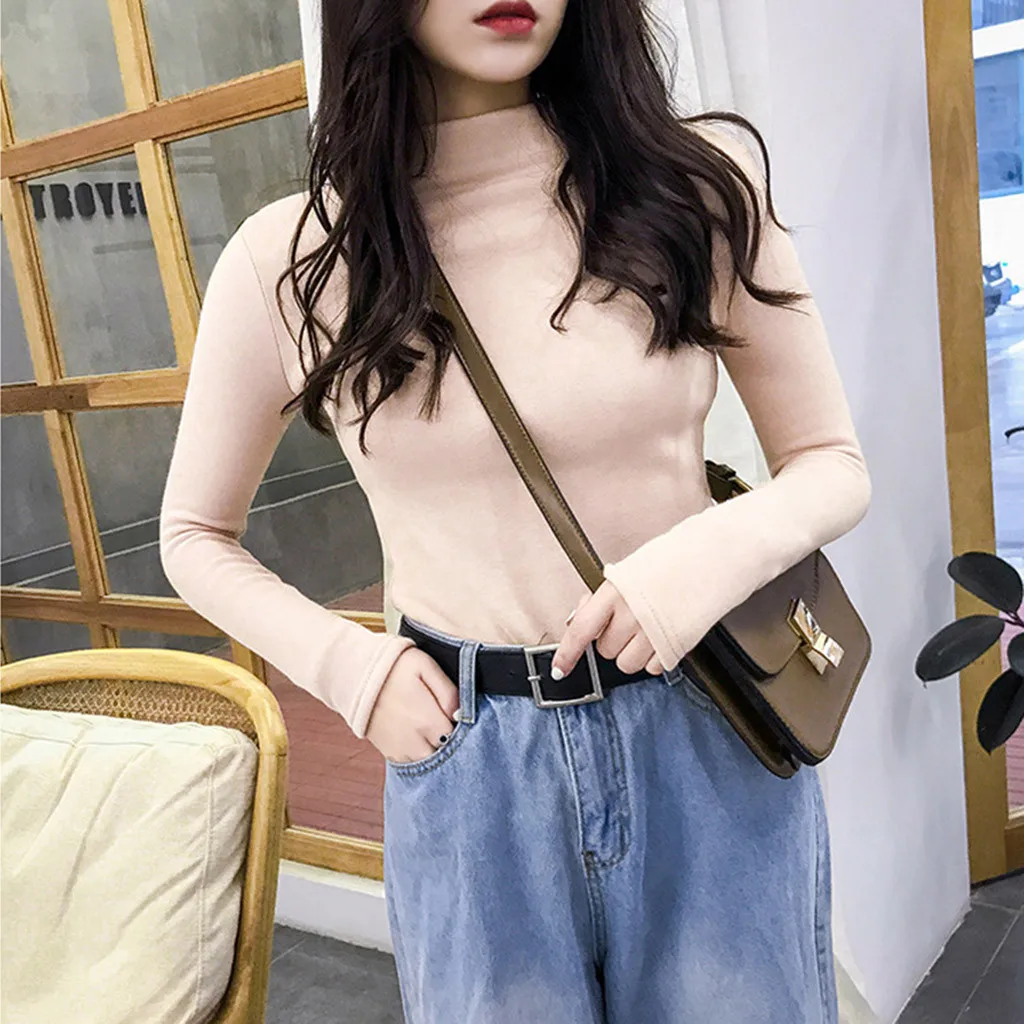 Осенне-зимние женские топы с высоким воротником и длинным рукавом однотонные