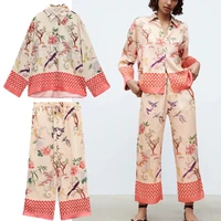 women floral print asymmetric za shirt long sleeve lapel collar vintage blouse button up fitted summrt top female pajama shirts