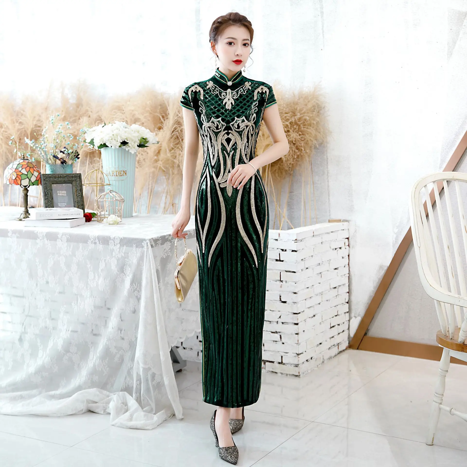 

High Split Velour Dress Gown Vintage Button Mandarin Collar Cheongsam Female Sexy Slim Qipao Short Sleeve Chinese Vestidos