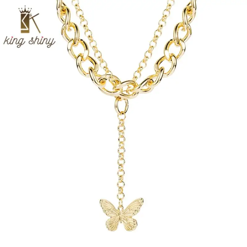

2021 Exaggerated Double Layer Butterfly Pendant Necklace Elegant Metal Long Chain Statement Choker Necklace Girls Party Jewelry