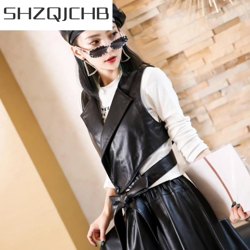 

JCHB 2021 New Designer Women Bowknot Lace Up Natural Sheepskin Vest Top Sleeveless Genuine Leather Jacket Female Short Slim Fit