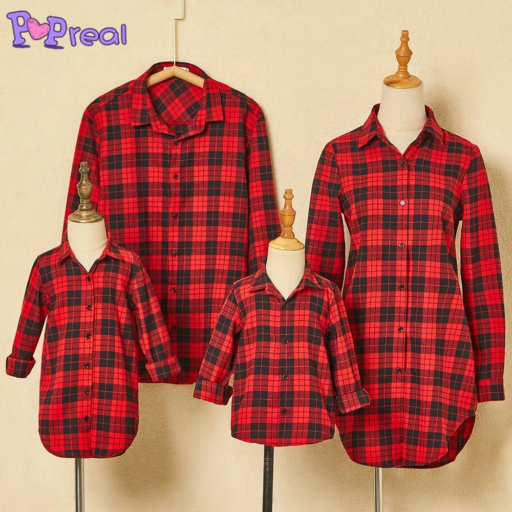 

PopReal Parent-Child Outfit Mother And Daughter Shirt Dress Print Father And Son Shirt Family Clothing Set Plaid Turndown Collar