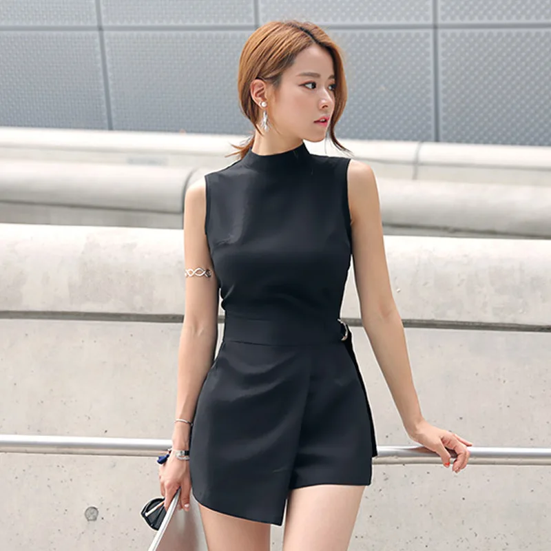 Women jumpsuit black one piece shorts for lady 2021 summer new sleeveless high waisted irregular jumpsuits fashion clothes