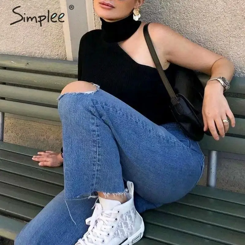 Simplee сексуальный водолазка с одним плечом Женский пуловер свитер осень вязаный