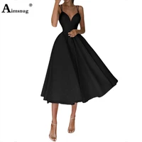 solid women elegant double strap a line party dresses french style 2021 summer mid calf dress plus size femme vestido robe dress
