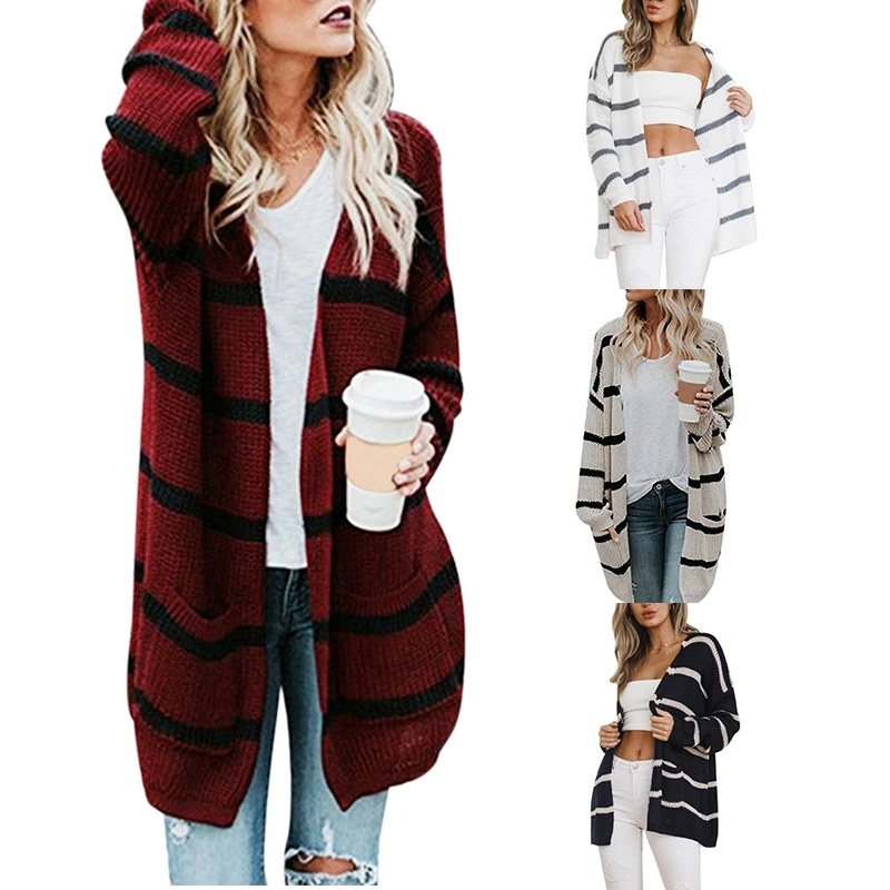 

Women'S Fashion Street Mid-Length Striped Knit Cardigan Top