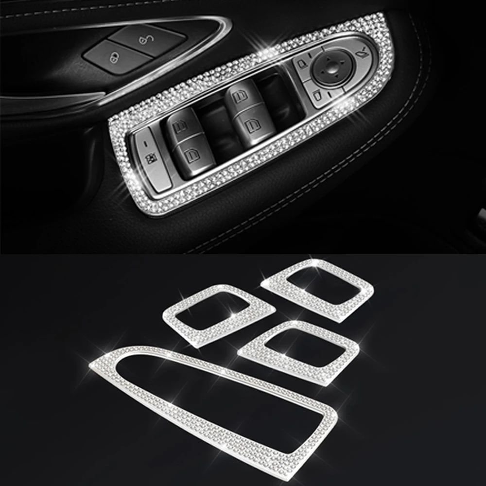 

Diamond Alloy Interior Car Styling Door Armrest panel Cover Stickers Trim For Benz C Class W205 GLC X253 Glass Lifting Buttons