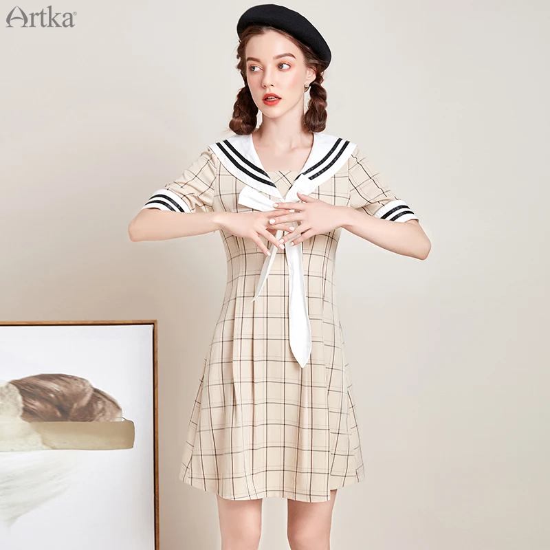 Женское платье в клетку ARTKA японское платье-трапеция стиле моряка модель LA25008X на