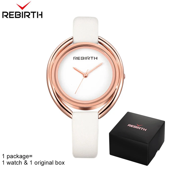 Женские наручные часы REBIRTH, кварцевые часы с кожаным ремешком, роскошные часы-браслет из розового золота, женские часы montre femme RE028 - Цвет: white rose gold