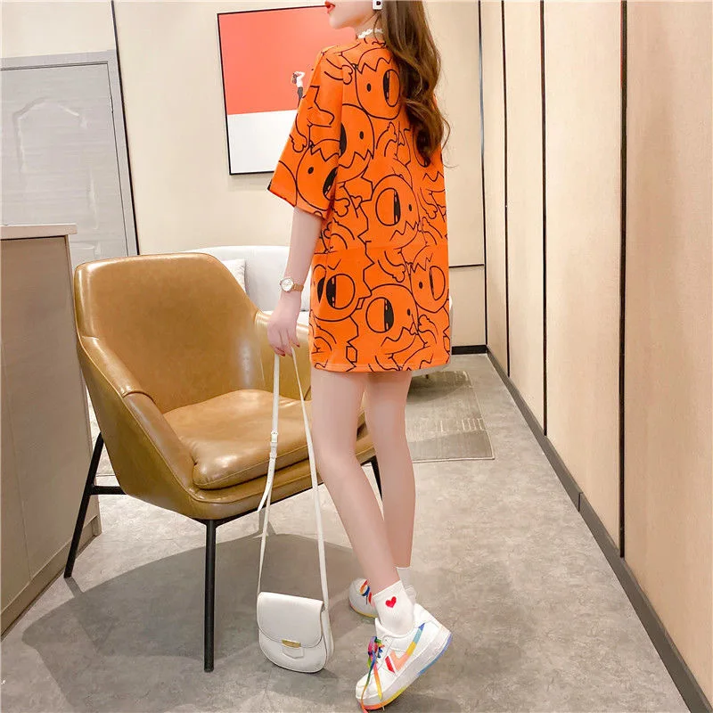 

2021 New Oversized T-shirt Women's Short Sleeve Summer Dinosaur Printed Loose European Basic Shirt Top Tees Female
