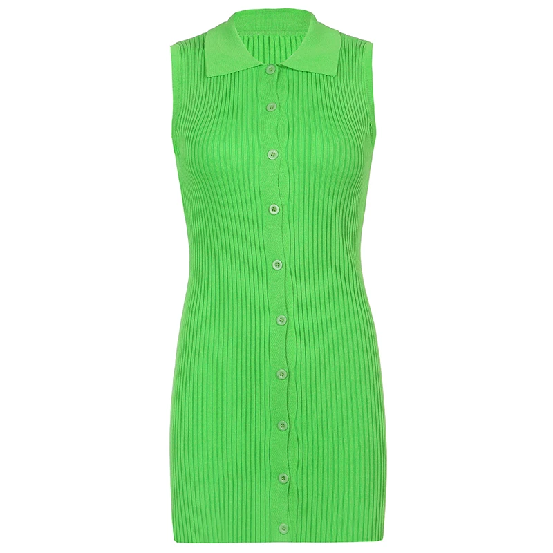 

Rockmore Green Knit Mini Dresses Summer Sexy Bodycon Women Solid Button Up Sleeveless Short Dress Y2K Korean Turn-down Collar