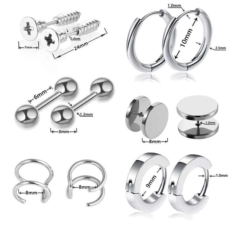 6 пар Панк штанги из нержавеющей стали пирсинг серьги круг каффы клип Комбинация