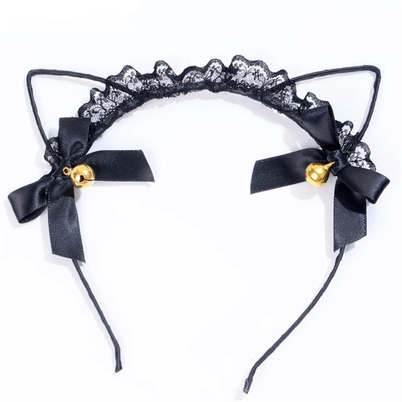 

Black Lace Mesh Cat Ear Headwear Women's porno Accessories Bow Ribbon Bell Headdress Sexy Apparel Female Exotic Accessories