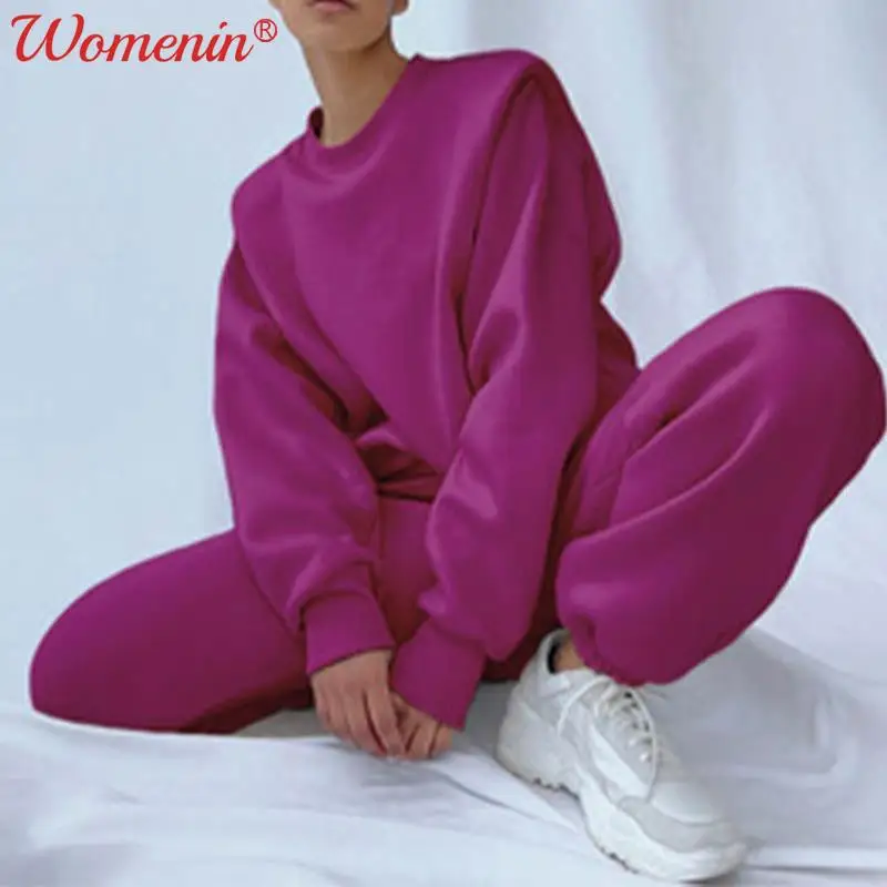 

Женский спортивный костюм из двух предметов, однотонная флисовая толстовка с длинным рукавом и брюки-джоггеры, женские костюмы, Осень-зима ...