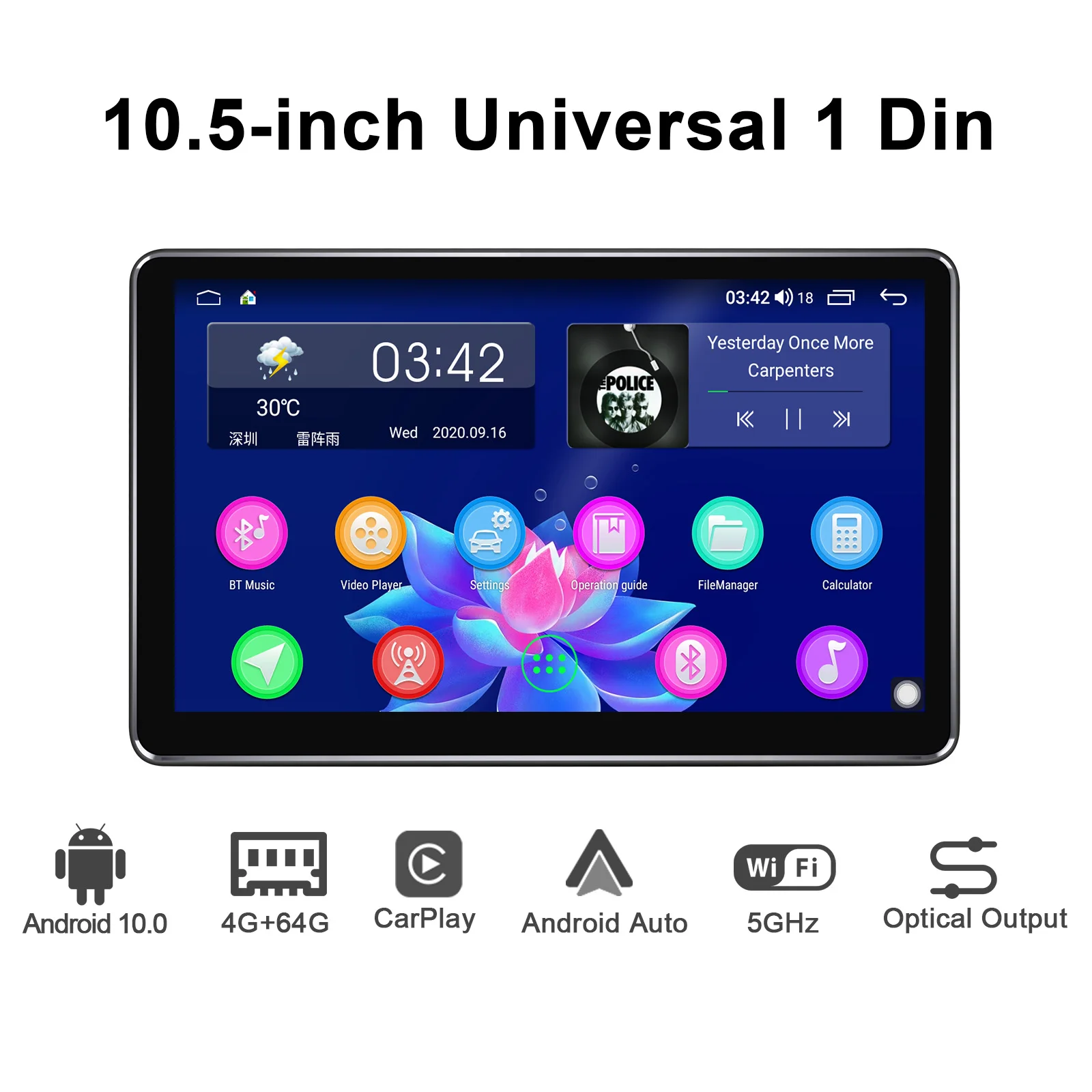 구매 10.5 인치 IPS 안드로이드 10 카 라디오 스테레오 유니버설 1 딘 오토라디오 헤드 유닛 멀티미디어 플레이어 무선 카플레이 리버스 카메라, Android 10 카플레이