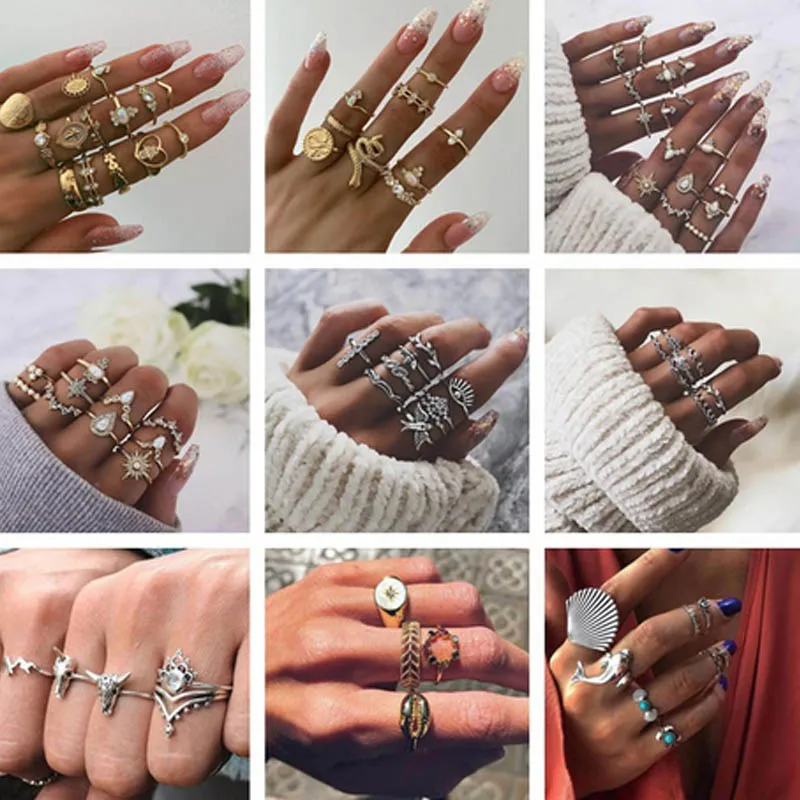 20 стилей богемные винтажные золотые серебряные кольца наборы пустотелое сердце