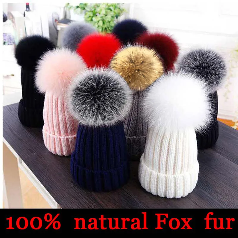 2021 New natural fur pom pom hat fashion winter hat for girl women warm beanies High quality fox fur hat