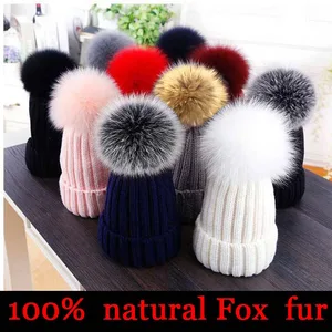 2021 New natural fur pom pom hat fashion winter hat for girl women warm beanies High quality fox fur