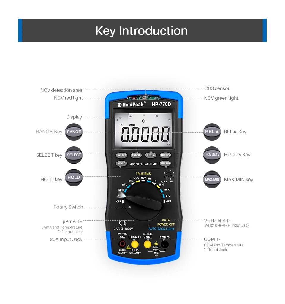 HoldPeak HP-770D True RMS цифровой мультиметр автоматический диапазон Multimetro 40000 отсчетов измерение Ом Вольт Ампер Esr конденсатор тестер