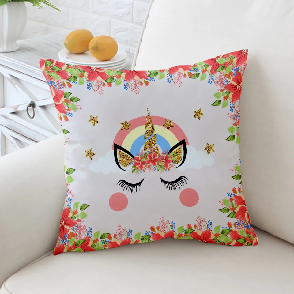 Чехол на подушку с милым мультяшным единорогом золотой розовый единорог