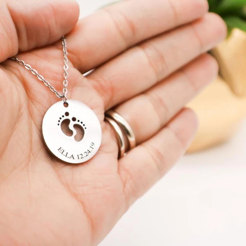 

Personalized Small Baby Feet Disc Necklace Custom Engraved Name Baptism Necklace Family Jewelry New Mom Gift