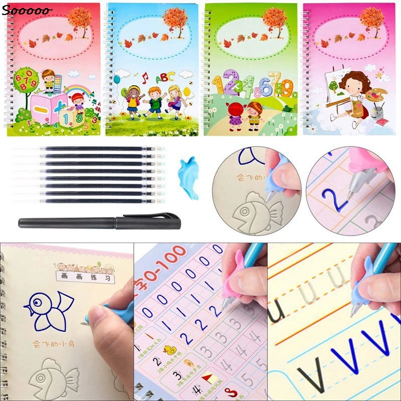 

4 Books/Sets of Magic Book, Children's Copybook ,Reusable Handwritten Exercise Chinese Calligraphy And Lettering, Learn English