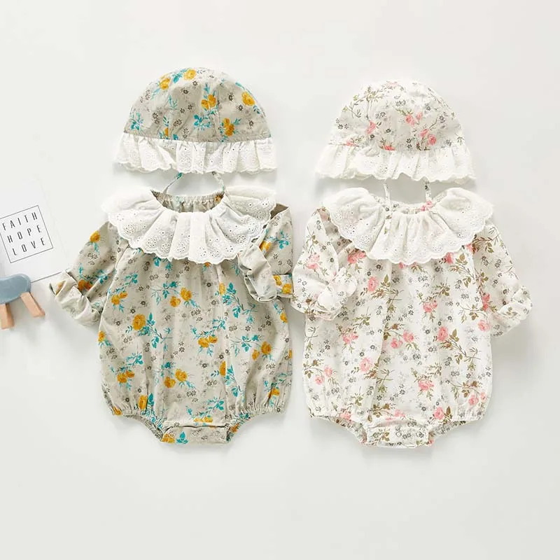 

Autumn Baby Newborn Infant Long Sleeve Bodysuit Cute Baby Girls Floral Jumpsuits With Hat Outfit Cotton Baby Girl Clothes