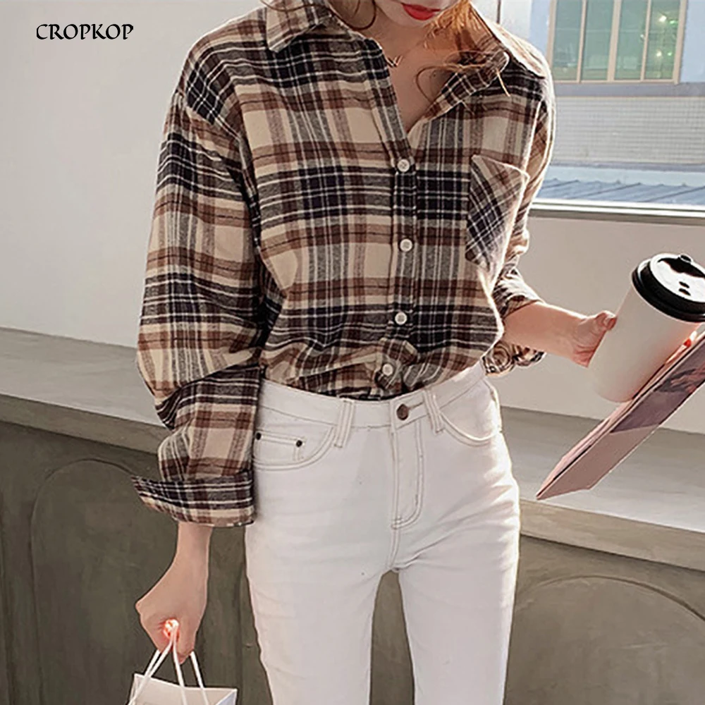 Женские блузки в Корейском стиле осенние винтажные клетчатые рубашки с длинным