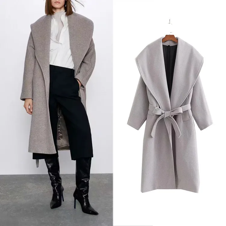 

Za 2021 women Fashion big lapel woolen coat autumn winter women's high-waist lace-up jacket