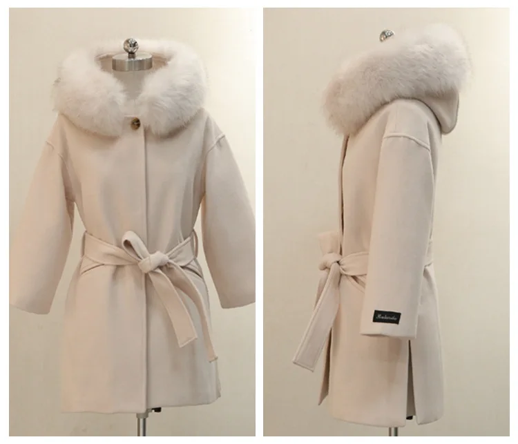 

JCHB 2021 Long Women Wool Coat Elegant Detachable Fur Collar Hooded Winter Jacket Warm Cashmere Coat with Sashes Sashes