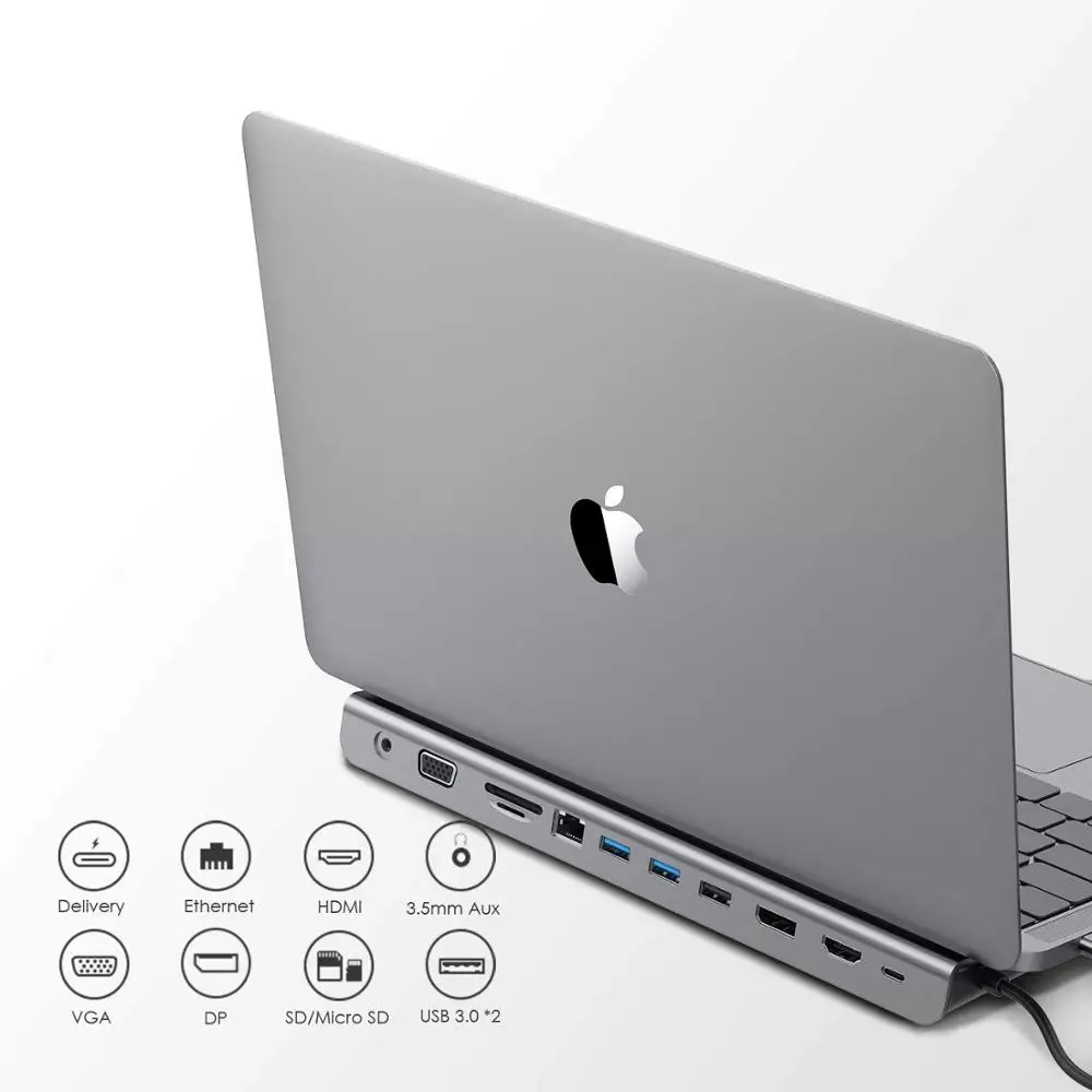 

Док-станция USB C с поддержкой 100 Вт PD, 4K HDMI/DisplayPort, VGA, Ethernet, кардридер, USB 3,0, адаптер Aux для 2020 MacBook Pro