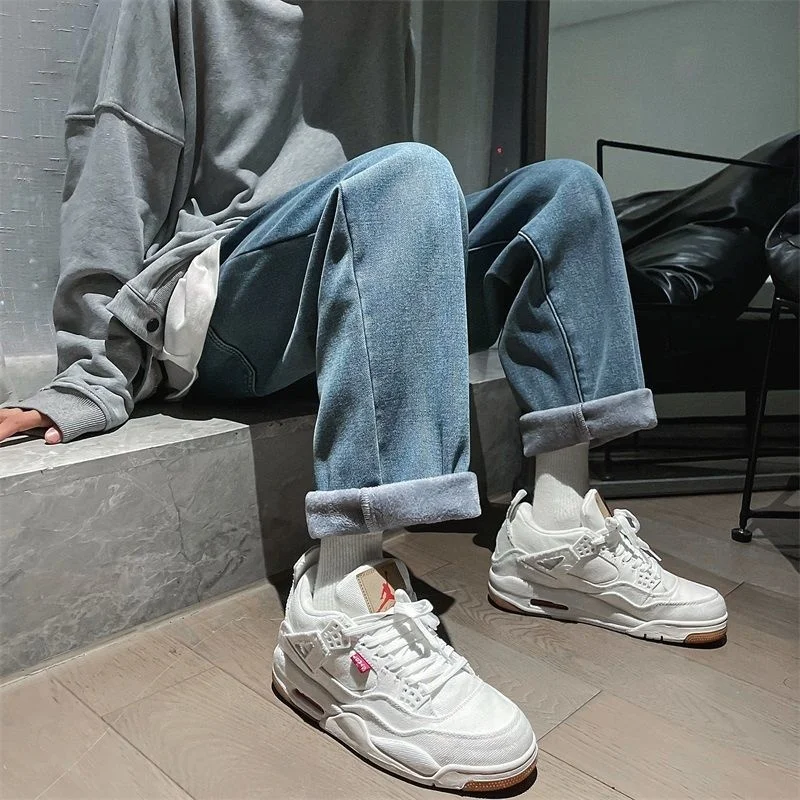 Vintage Casual Winter Trousers For Male Fleece Jeans Thicken Warm Solid Color Straight Loose Men's  Denim Pants
