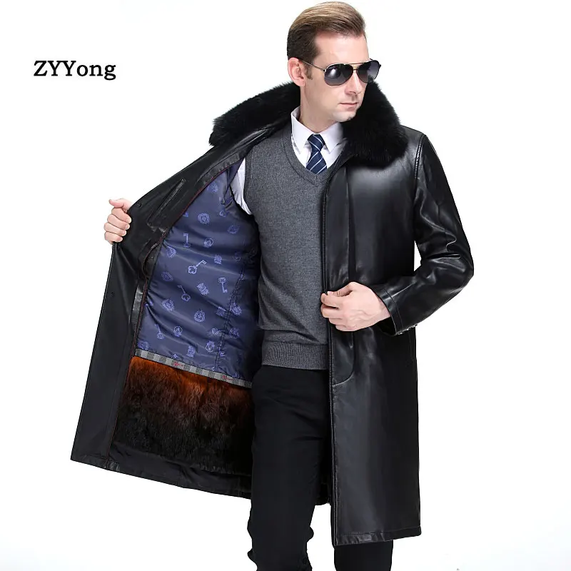 

New Mens Jacket Casual Fur Collar Plus Velvet Long Sleeve PU Black Leather Overcoat Business Casual Tops Loose Button Outwear