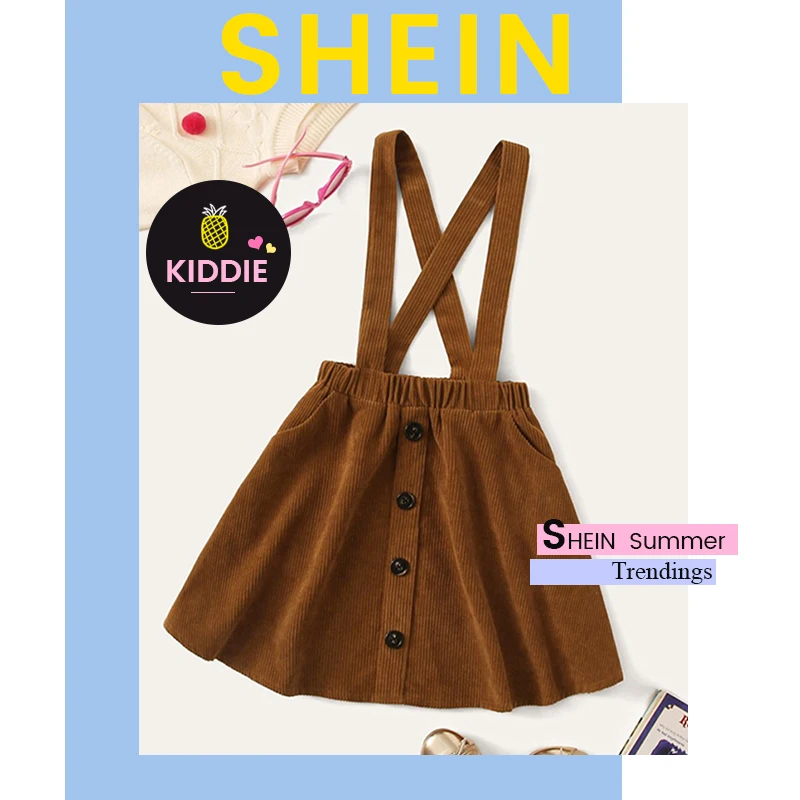 SHEIN/Детская коричневая Вельветовая юбка-сарафан на пуговицах спереди для девочек; консервативная юбка для детей; коллекция года; сезон осень; расклешенные юбки с перекрещивающимися сзади узорами для подростков