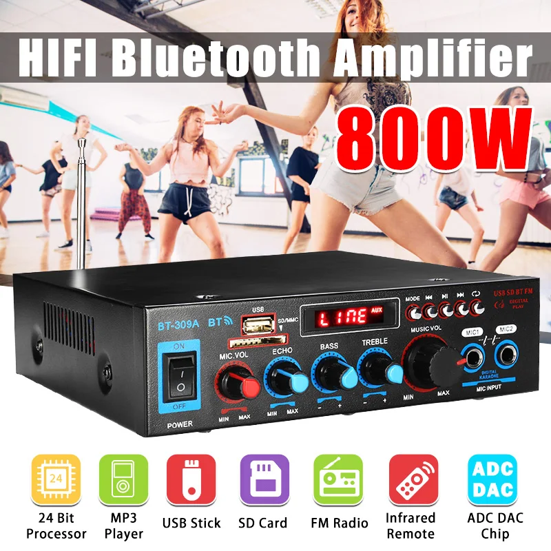 

BT309 800W 220V 12V bluetooth Amplifier HIFI Digital Subwoofer FM USB SD Home Theater Amplifiers Audio Processor Power Amplifier