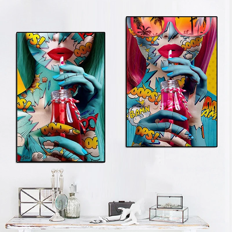 

Abstract Sexy Women Drinking Canvas Painting Street Graffiti Art Girl Poster Wall Art Print Pictures Home Living Room Decoration