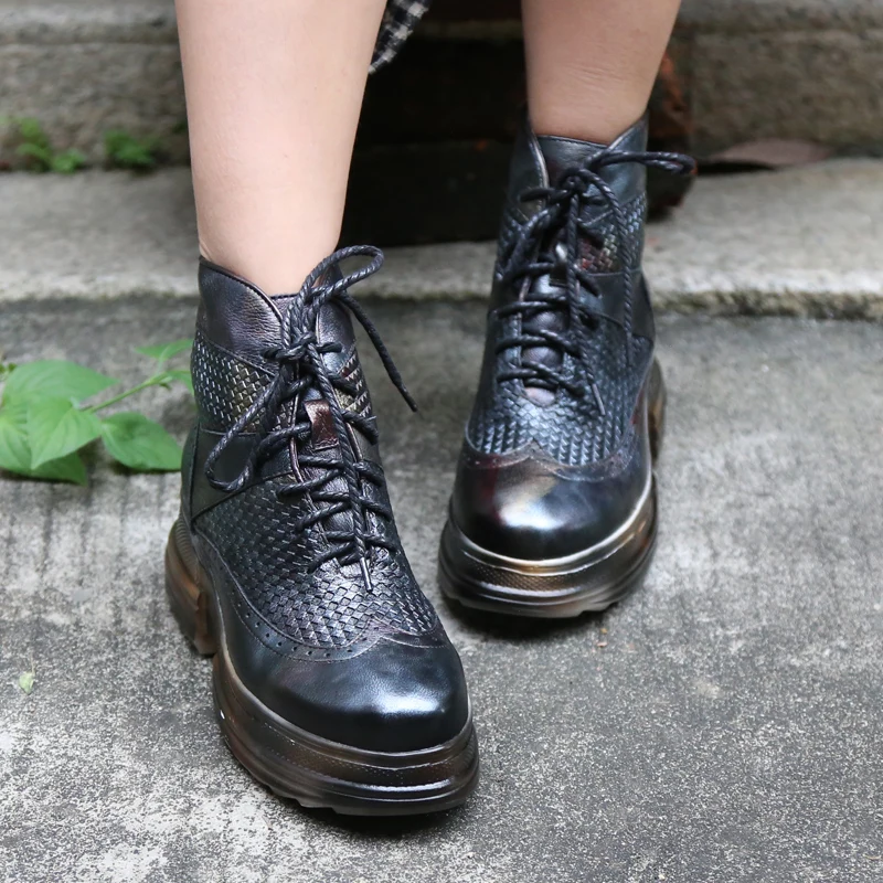 Женские ботильоны из натуральной кожи на толстой подошве со шнуровкой|Женские