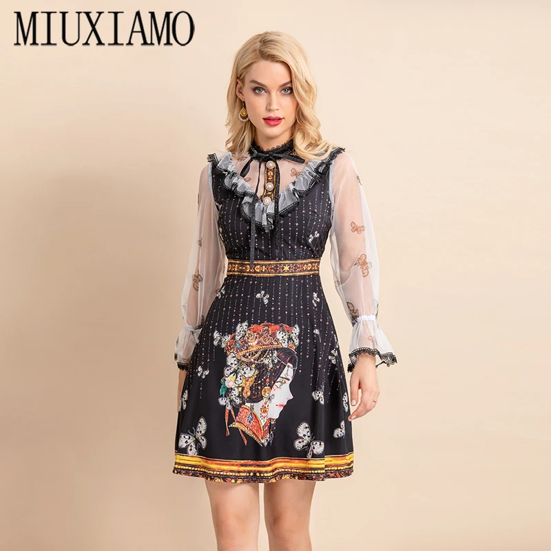 

MIUXIMAO 2021 Summer Runway New Women Pretty Print Vintage Casual Lace Ruffles Elegant Full Sleeve Fashion Mini Dress Vestidos