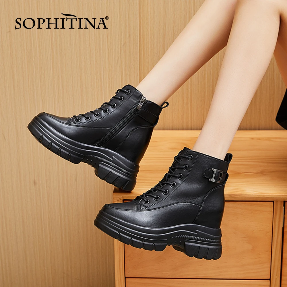 

Женские ботинки на танкетке SOPHITINA, Черные ботильоны на молнии, с ремешком и пряжкой, на весну/осень, HO803