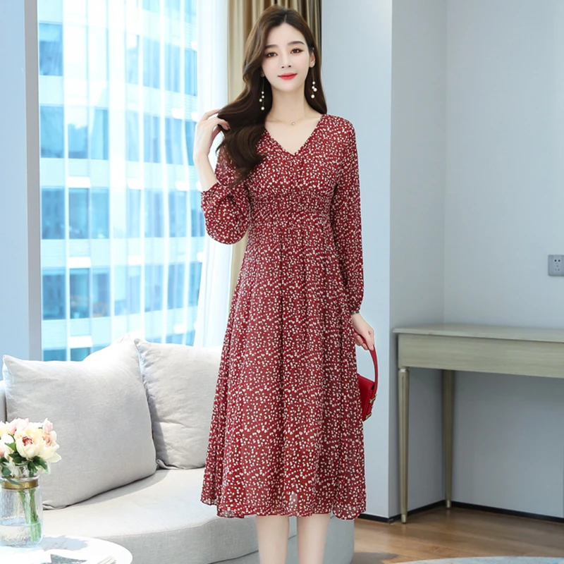

2021 Vintage Floral Chiffon Boho Midi Dress Spring Winter Plus Size Long Sleeve Dress Elegant Women Bodycon Party Maxi Vestidos