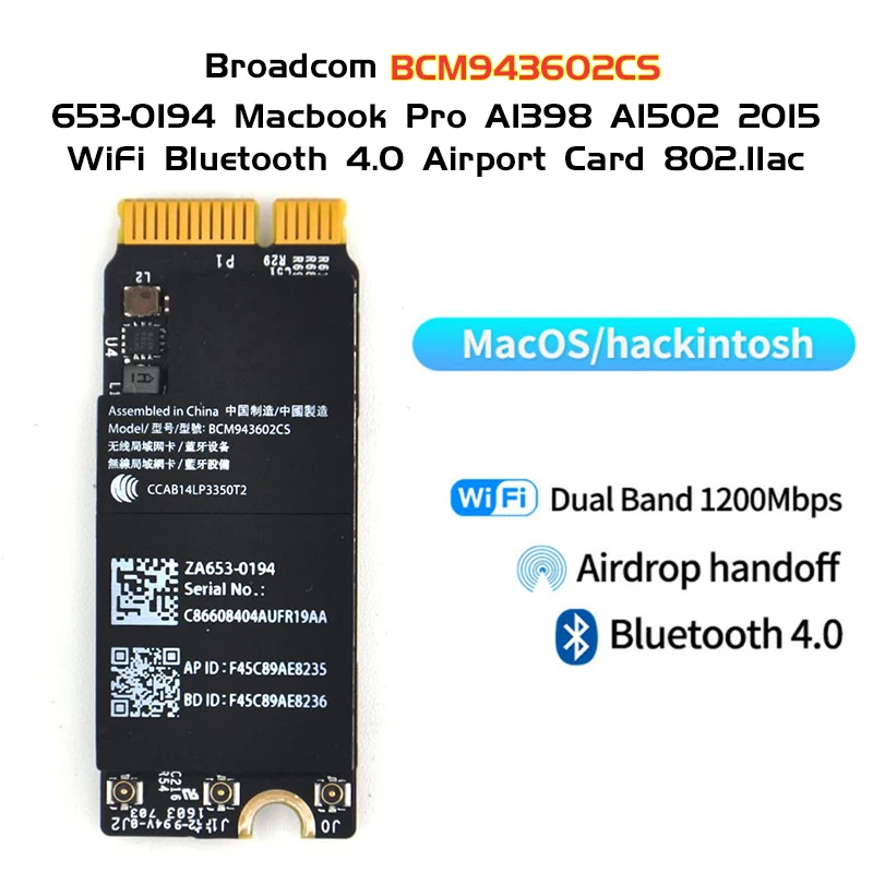 Wi Fi карта Broadcom BCM943602CS для Macbook Pro Retina 13 дюймов A1398 A1425 A1502 2015 653 0194|wifi airport card|airport cardwifi