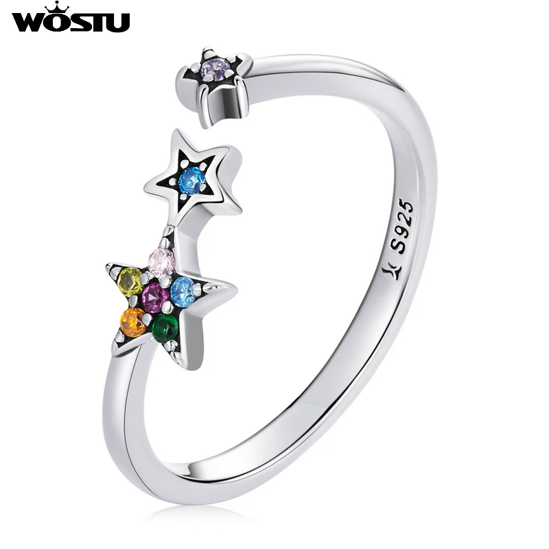 

Wostu 925 Sterling Silver Star Open Ring Adjustable Zircon Finger Ring For Women Silver Party Anniversary Fine Jewelry Gift