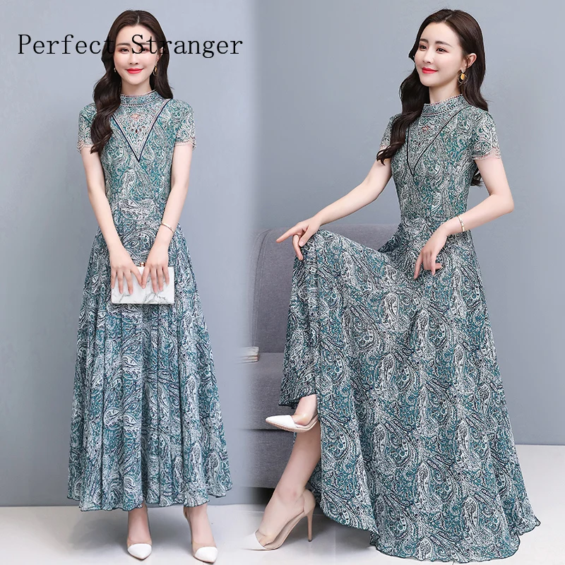 

2021 Summer New Arrival Plus Size M-3XL Bohemian Lace Stand Collar Flower Printed Short Sleeve Women Chiffon Long Dress