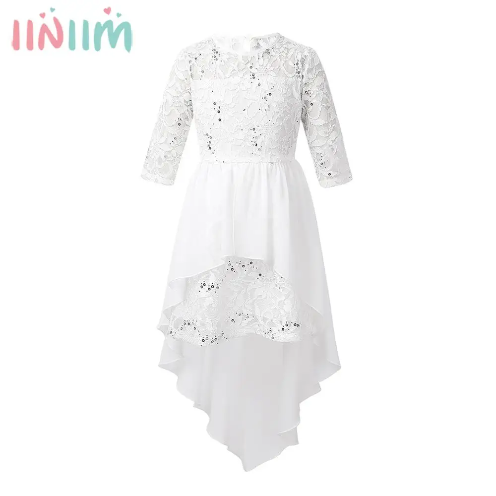 Детское кружевное платье с рукавами 3/4 и круглым вырезом расшитое блестками