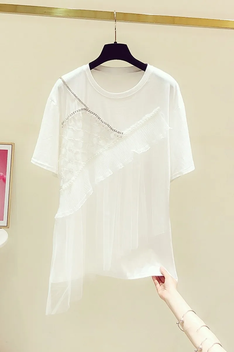 

2021 Summer New Diamond Lace Ruffled Stitching Fake Two-Piece T-shirts Female Casual Short-Sleeved Tops White Bottom Shirt