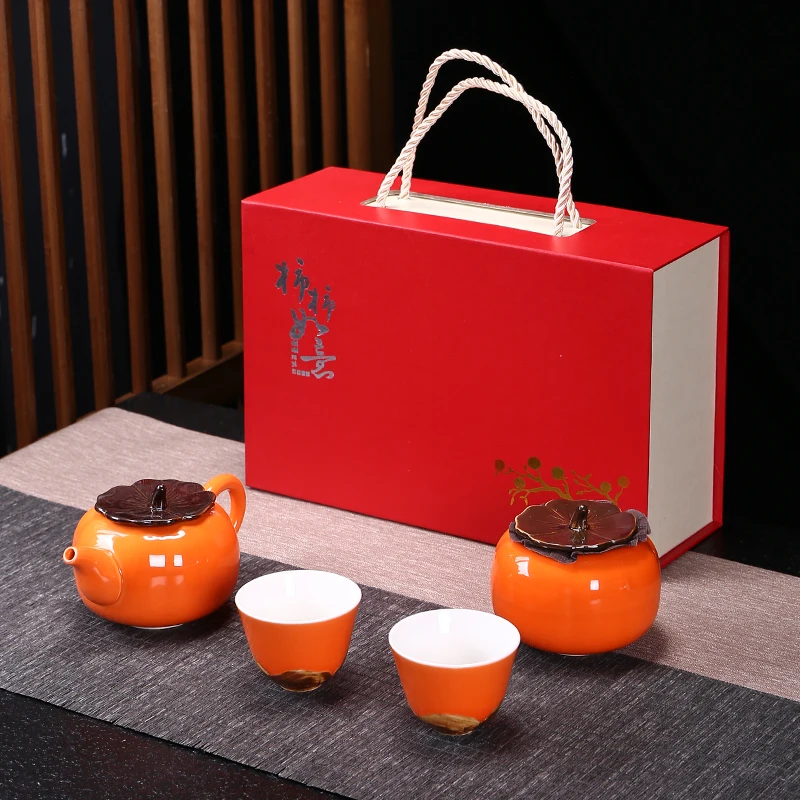 

Persimmon Model Tea Set Ceramic Kung fu Tea Pot and Teacup Set Creativity Persimmon Sealed Jar Exquisite Gift Box Porcelain Gift