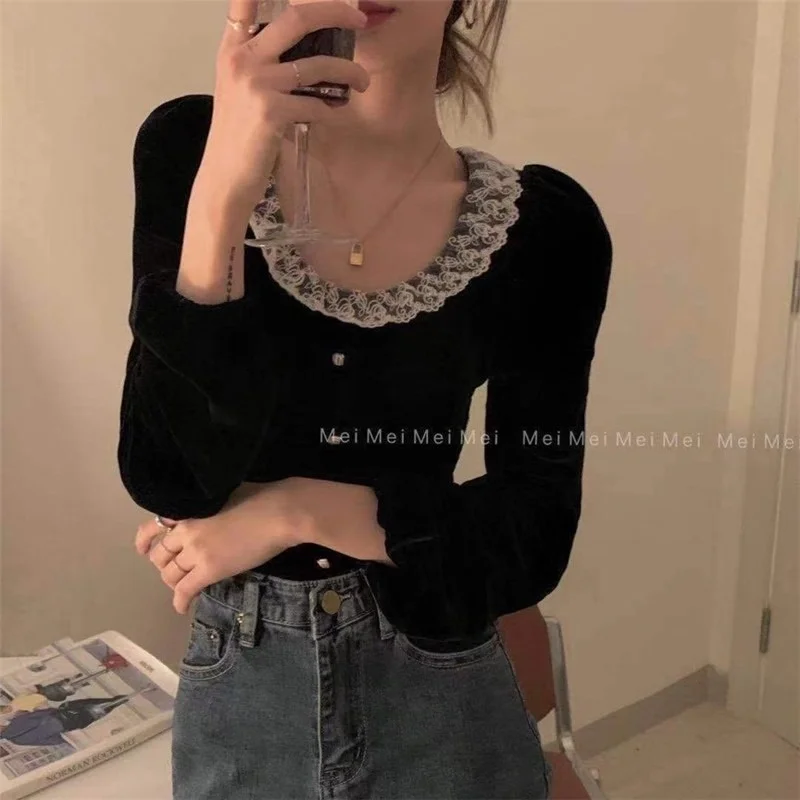 

Черная бархатная футболка с длинным рукавом в стиле ретро, Женский весенне-осенний Приталенный топ нового дизайна 2021, модный топ