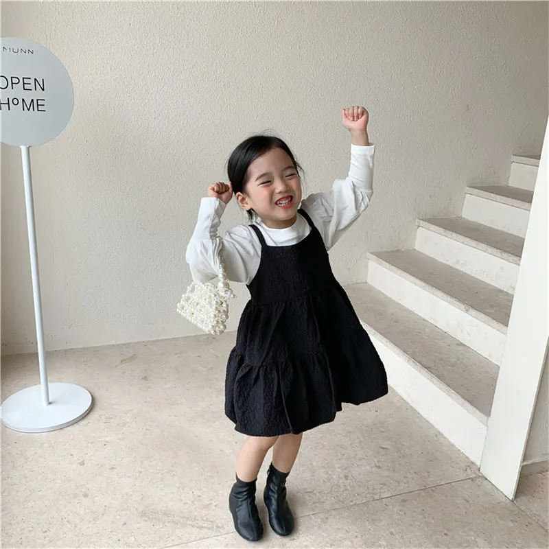 

Child Girl Princess Dress Kids White Long Sleeve Shirt And Sleeveless Black Dresses Two Piece Outfit Korean Toddler Baby Clothes