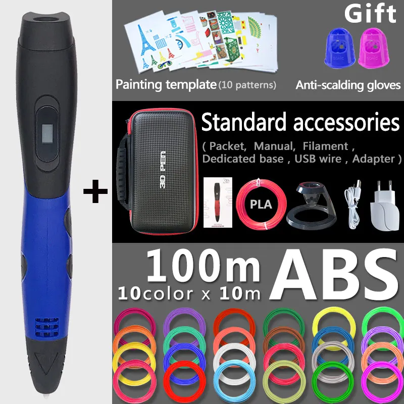 Blue pen 100m ABS 3d Ручка 3d ручки, подарок на год для детей; подарок на день рождения, Рождество, 3 d Ручка 3d модели, Творческая 3d печатная ручка, 1,75 мм ABS/PLA нити - Цвет: Blue pen 100m ABS