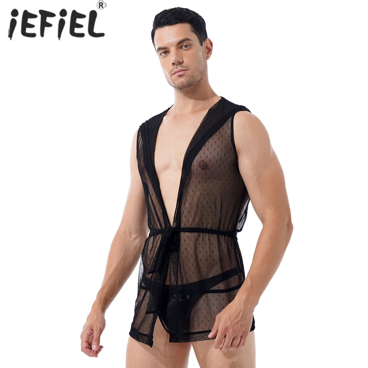 

Мужской Прозрачный сетчатый ночной халат с поясом и капюшоном и стринги нижнее белье без рукавов прозрачные ночные костюмы Babydoll из двух пре...